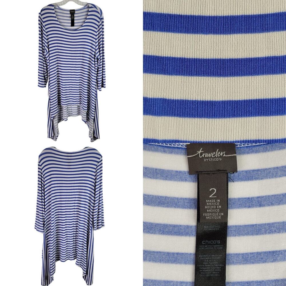 Chicos Travelers Top Shirt Women’s Size 2 US Medium Blue White Striped Slinky